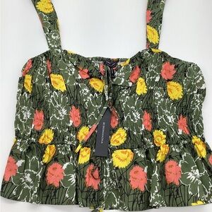 BCBGeneration Olive Floral Smocked Tank with Yellow & Coral Flowers NWT